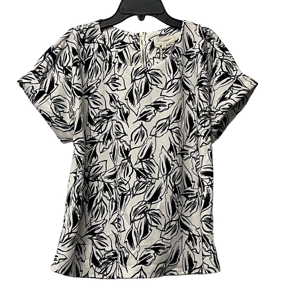 Melloday Women's Top Size Small‎ Black White Leaves Print Short Sleeve